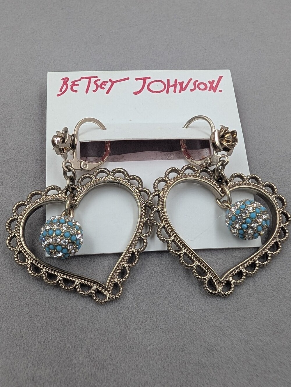 Betsey Johnson Turquoise Crystal Ball Heart Drop Earrings | 0009